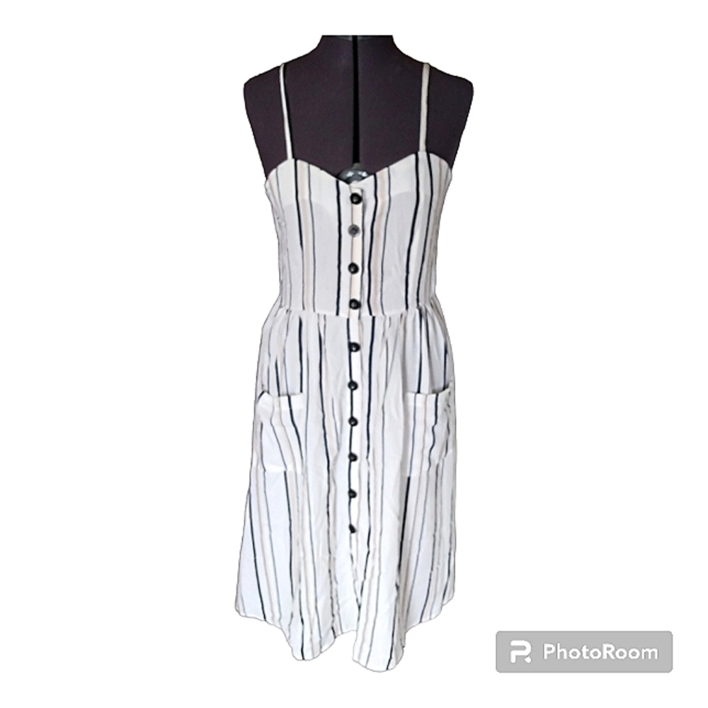 No label, white striped button down sun dress. 32" bust line.